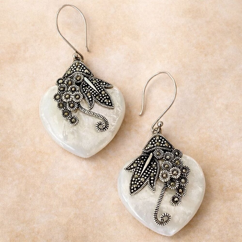 CFJ Mother of Pearl Sterling Silver 925 Marcasite Heart Shaped Earrings